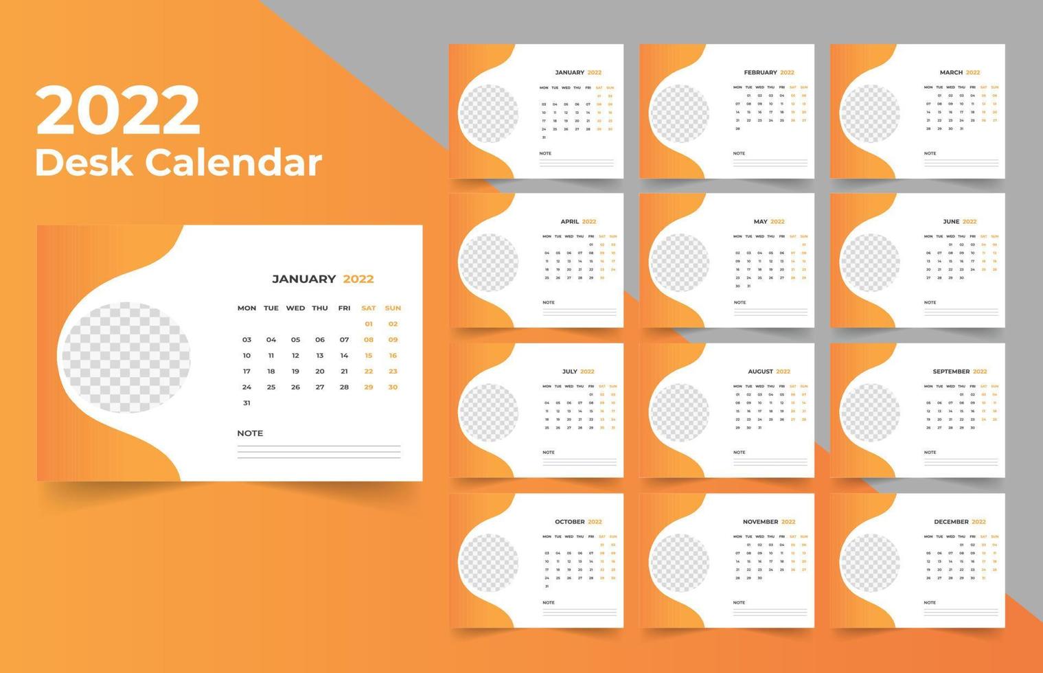 Desk calendar design 2022. Week starts on Monday. template for annual calendar 2022 vector
