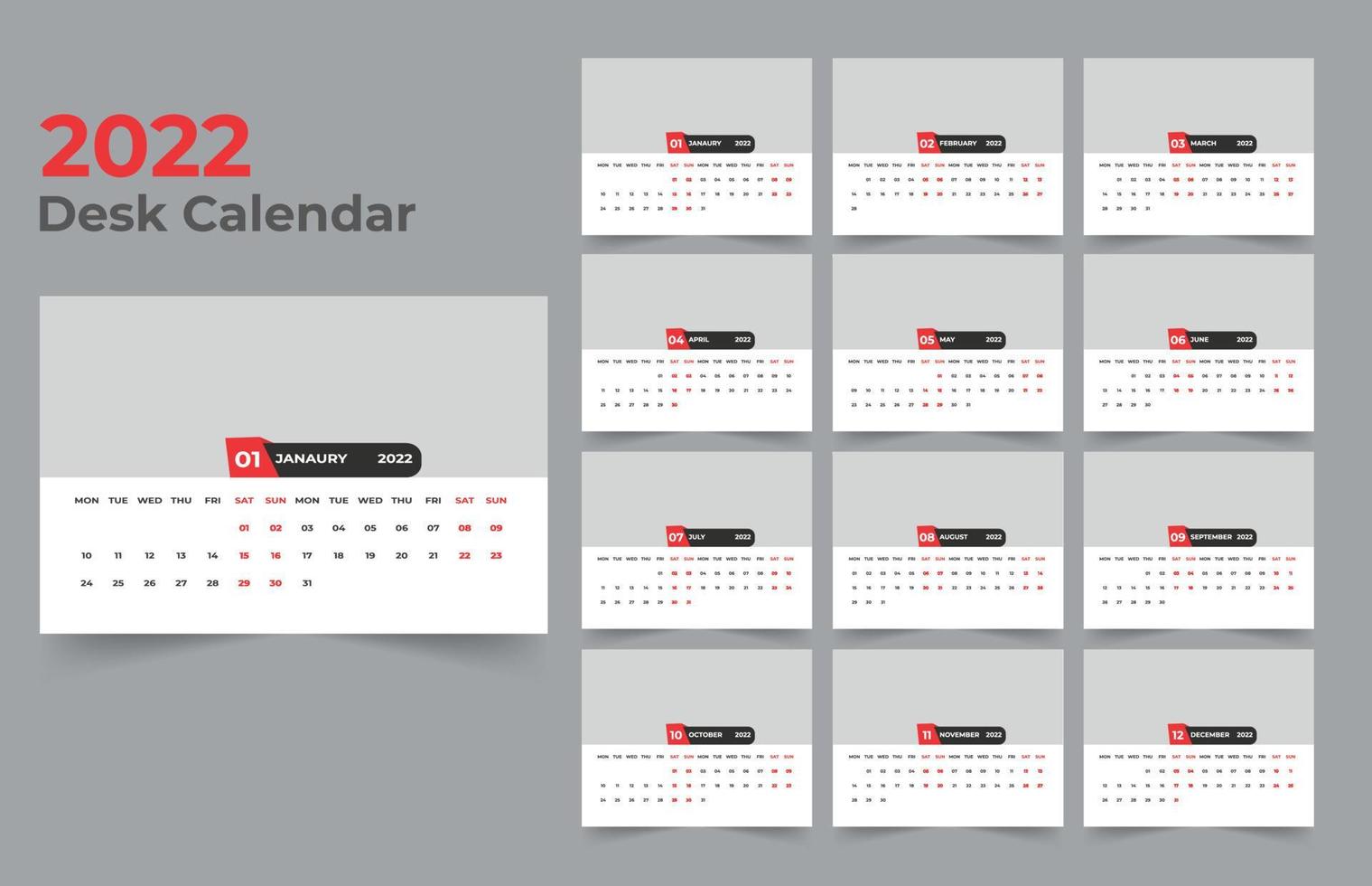 diseño de calendario de escritorio 2022. La semana comienza el lunes. plantilla para calendario anual 2022 vector