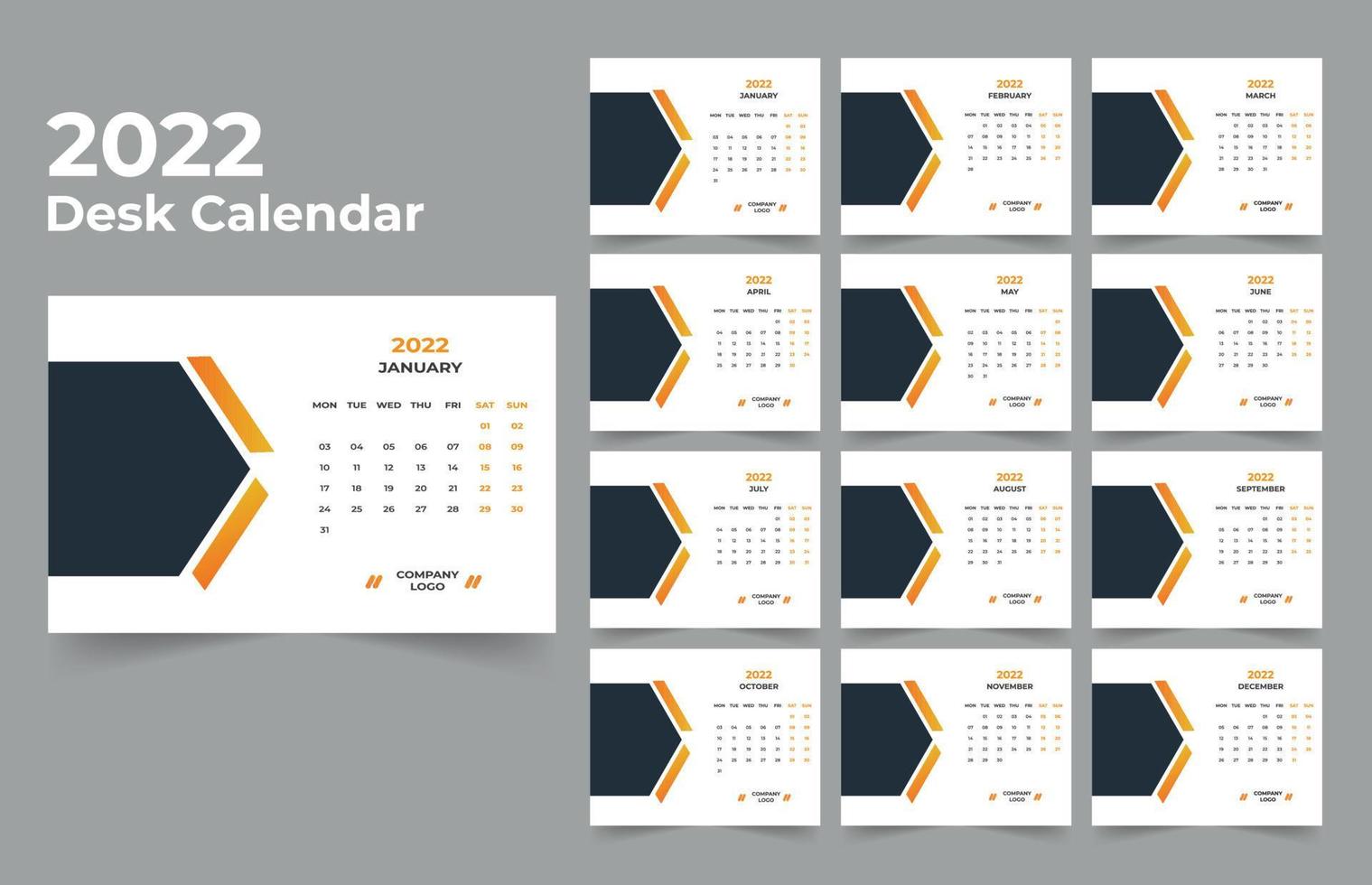 2022 Desk Calendar planner .Week starts on Monday. template for annual calendar 2022 . vector