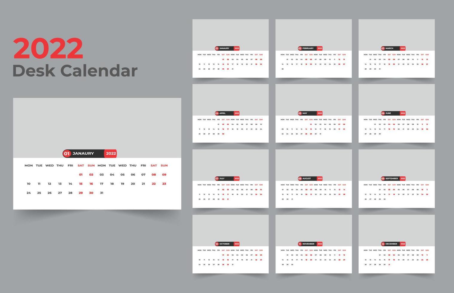 diseño de calendario de escritorio 2022. La semana comienza el lunes. plantilla para calendario anual 2022 vector