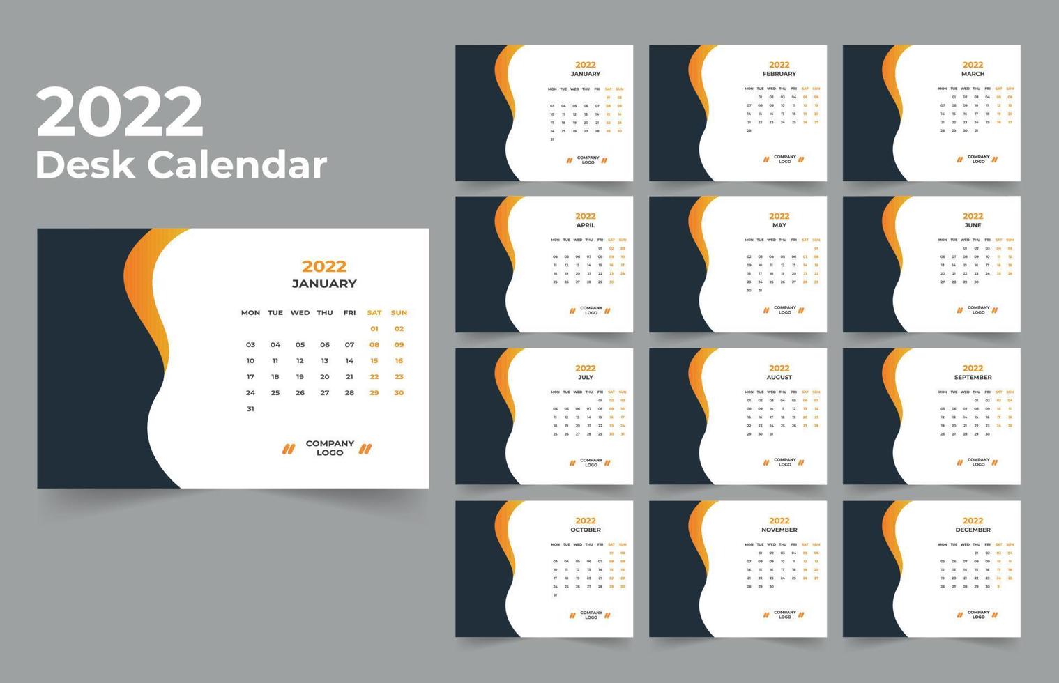 2022 Desk Calendar planner .Week starts on Monday. template for annual calendar 2022 . vector