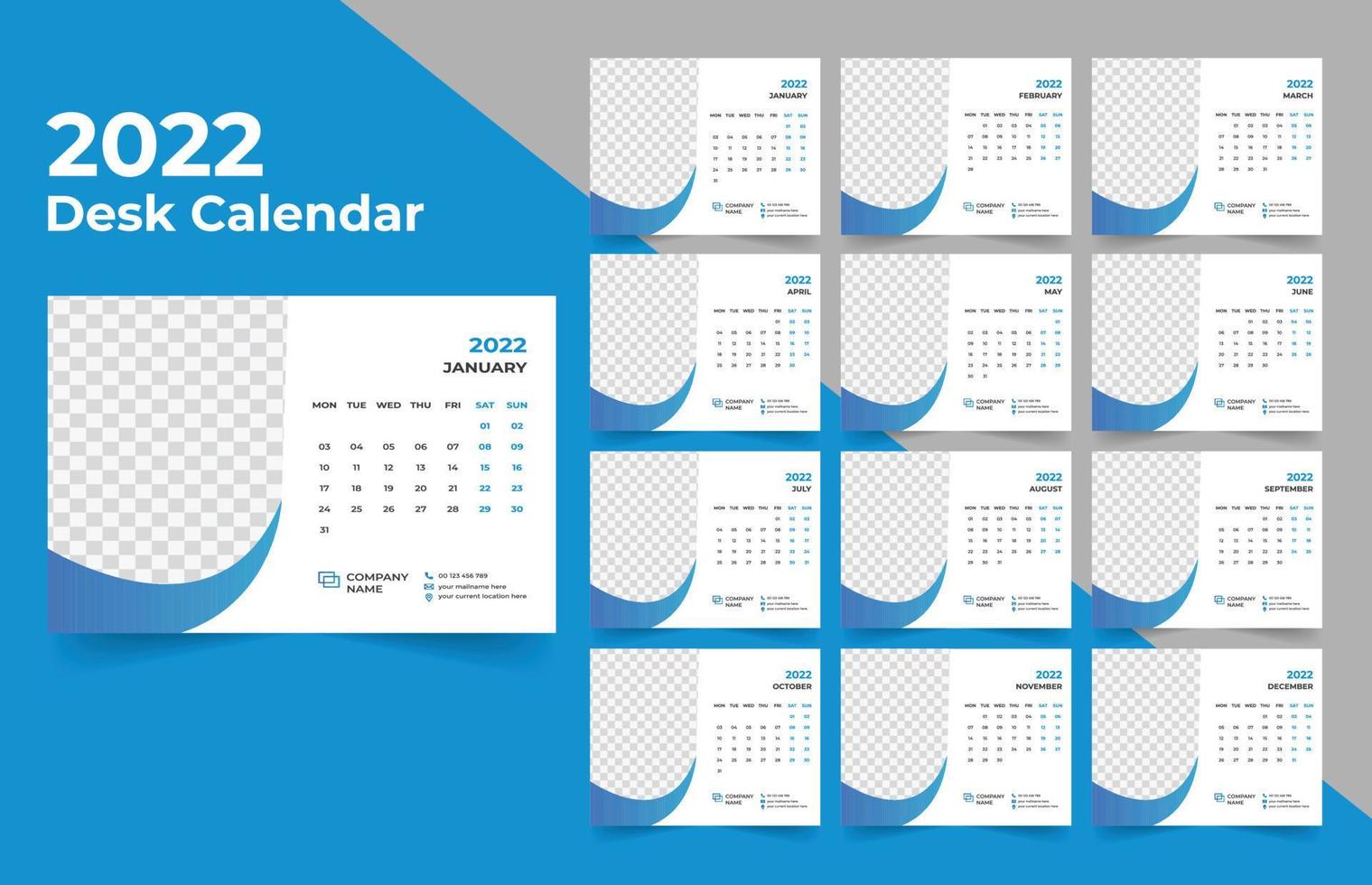 2022 Desk Calendar planner .Week starts on Monday. template for annual calendar 2022 . vector