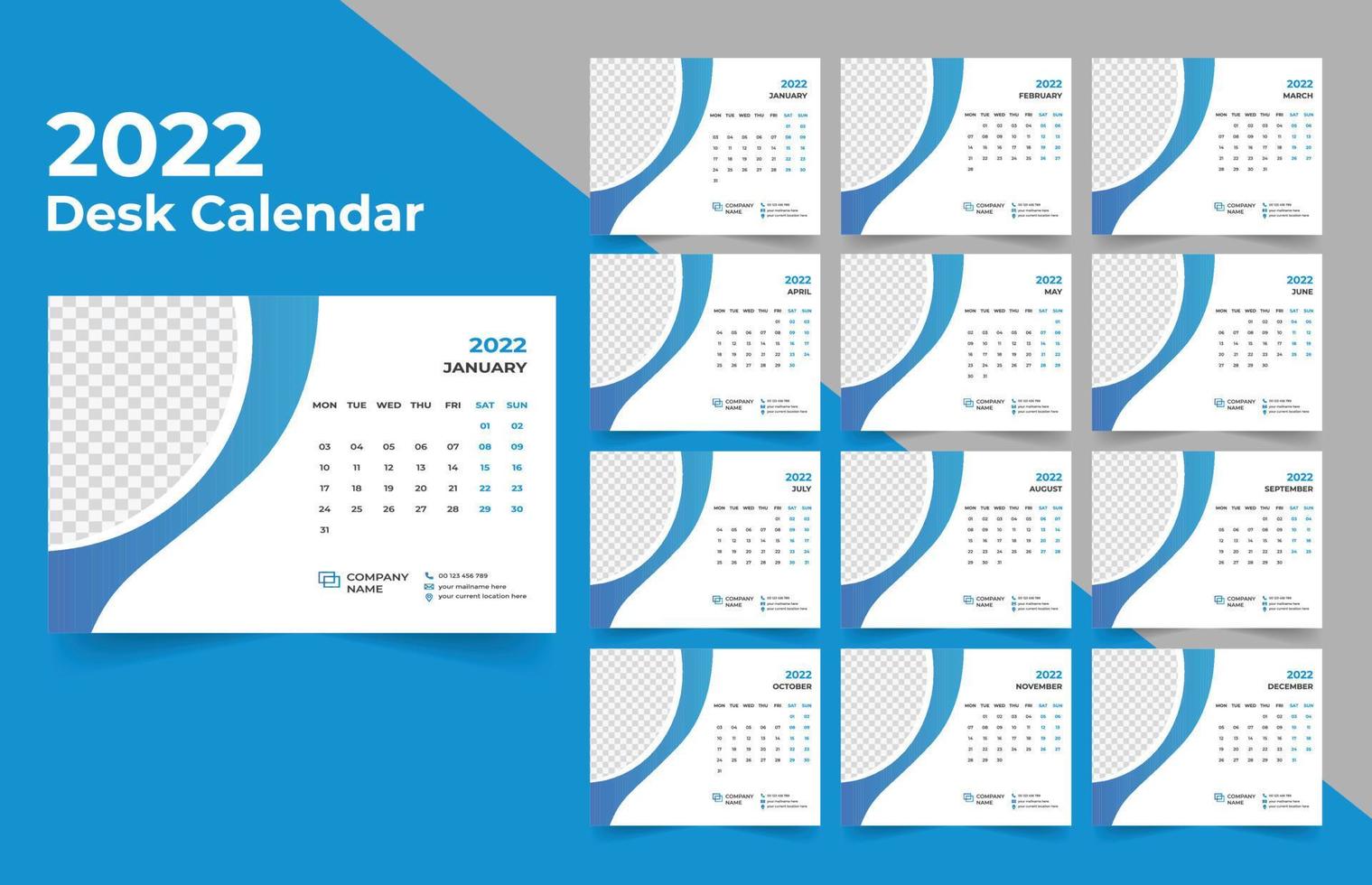 2022 Desk Calendar planner .Week starts on Monday. template for annual calendar 2022 . vector