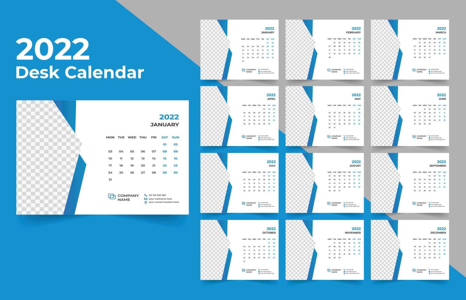 2022 Desk Calendar planner .Week starts on Monday. template for annual calendar 2022 . vector