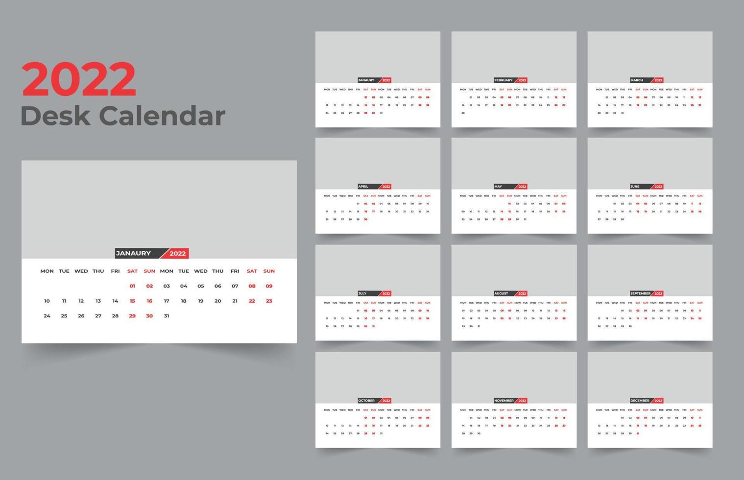 diseño de calendario de escritorio 2022. La semana comienza el lunes. plantilla para calendario anual 2022 vector