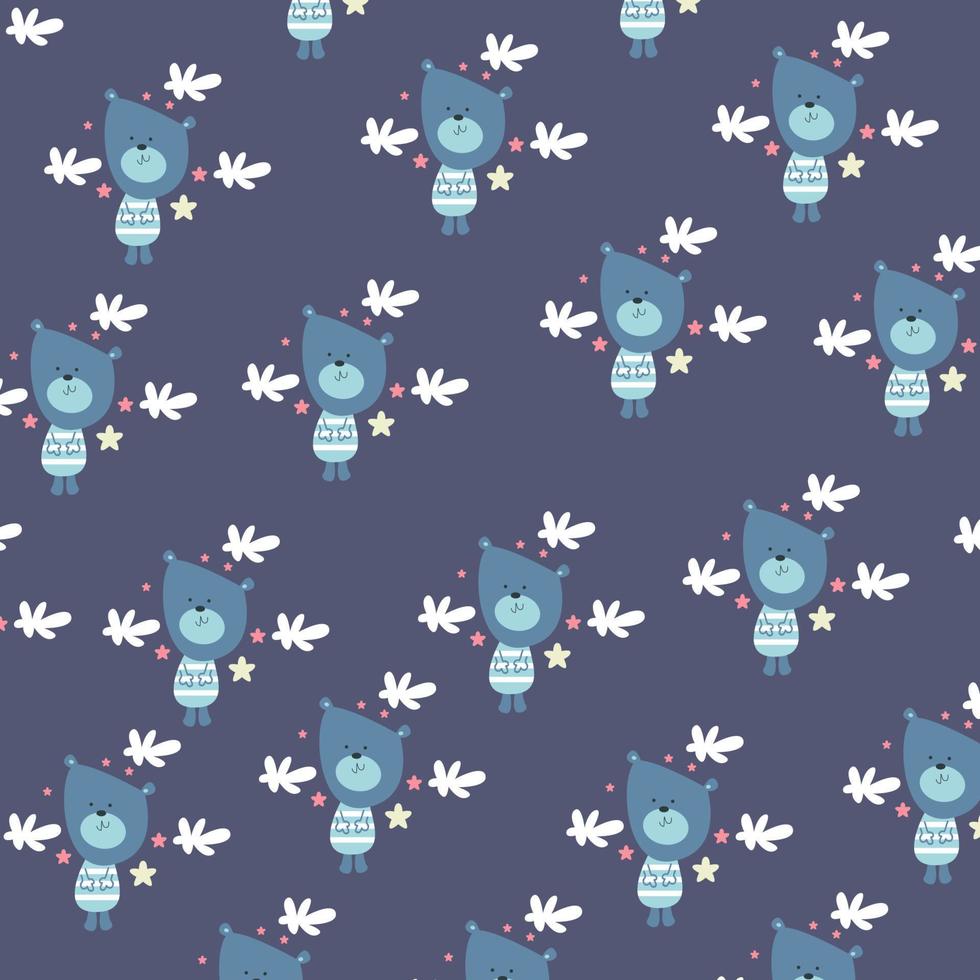 Vector illustration of cute bear on blue background seamless pattern