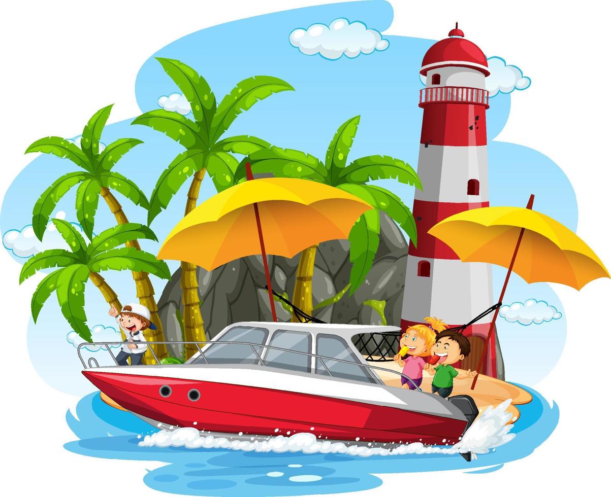 Lighthouse on the island with children on motorboat vector