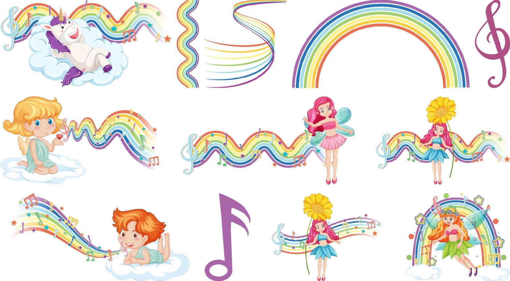 conjunto de hadas de fantasía y cupidos con elementos de arco iris vector