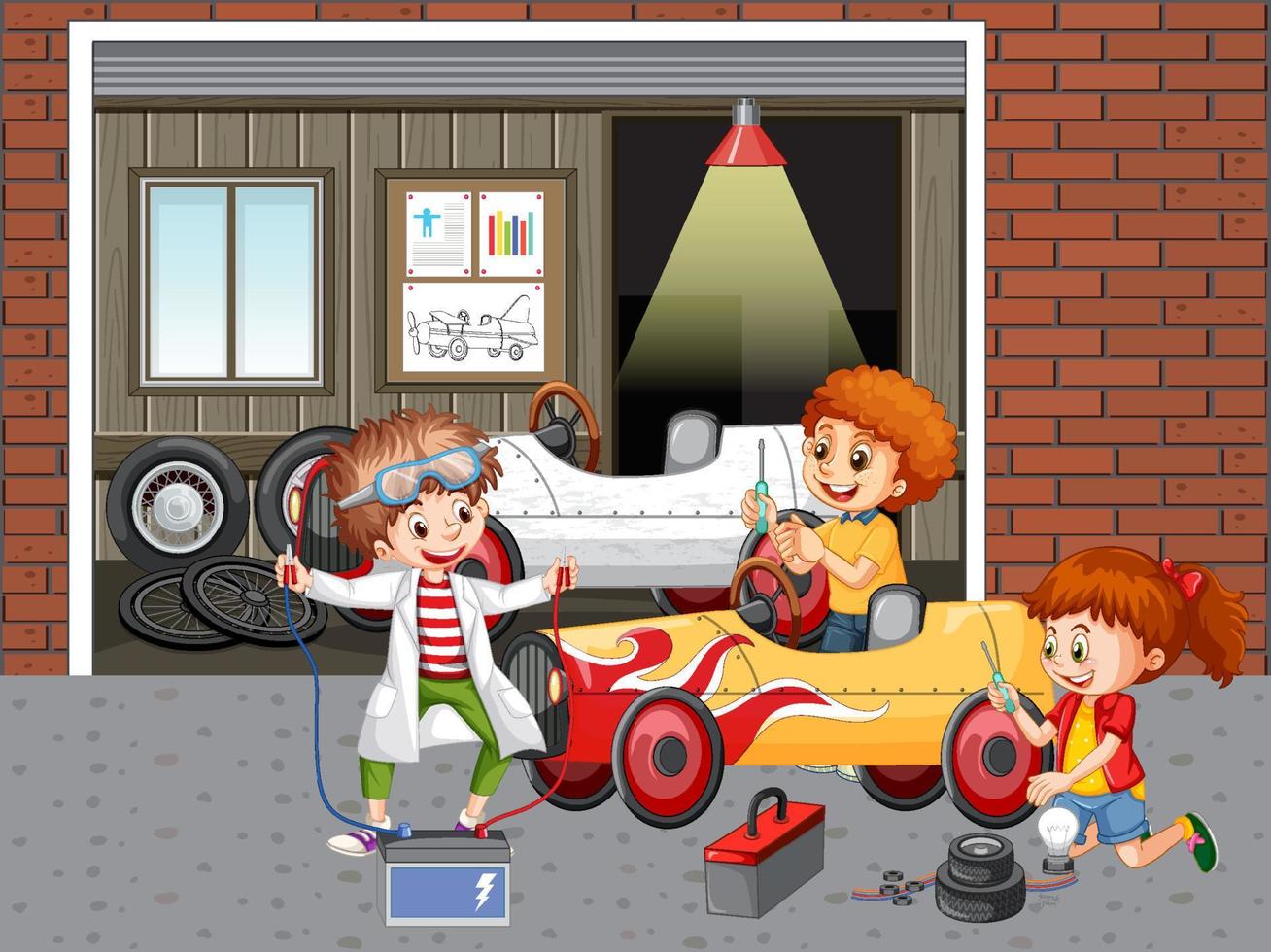 Children repairing a car together in the garage vector