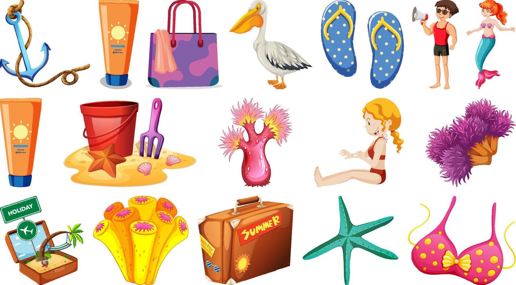 Set of summer beach objects and cartoon characters vector