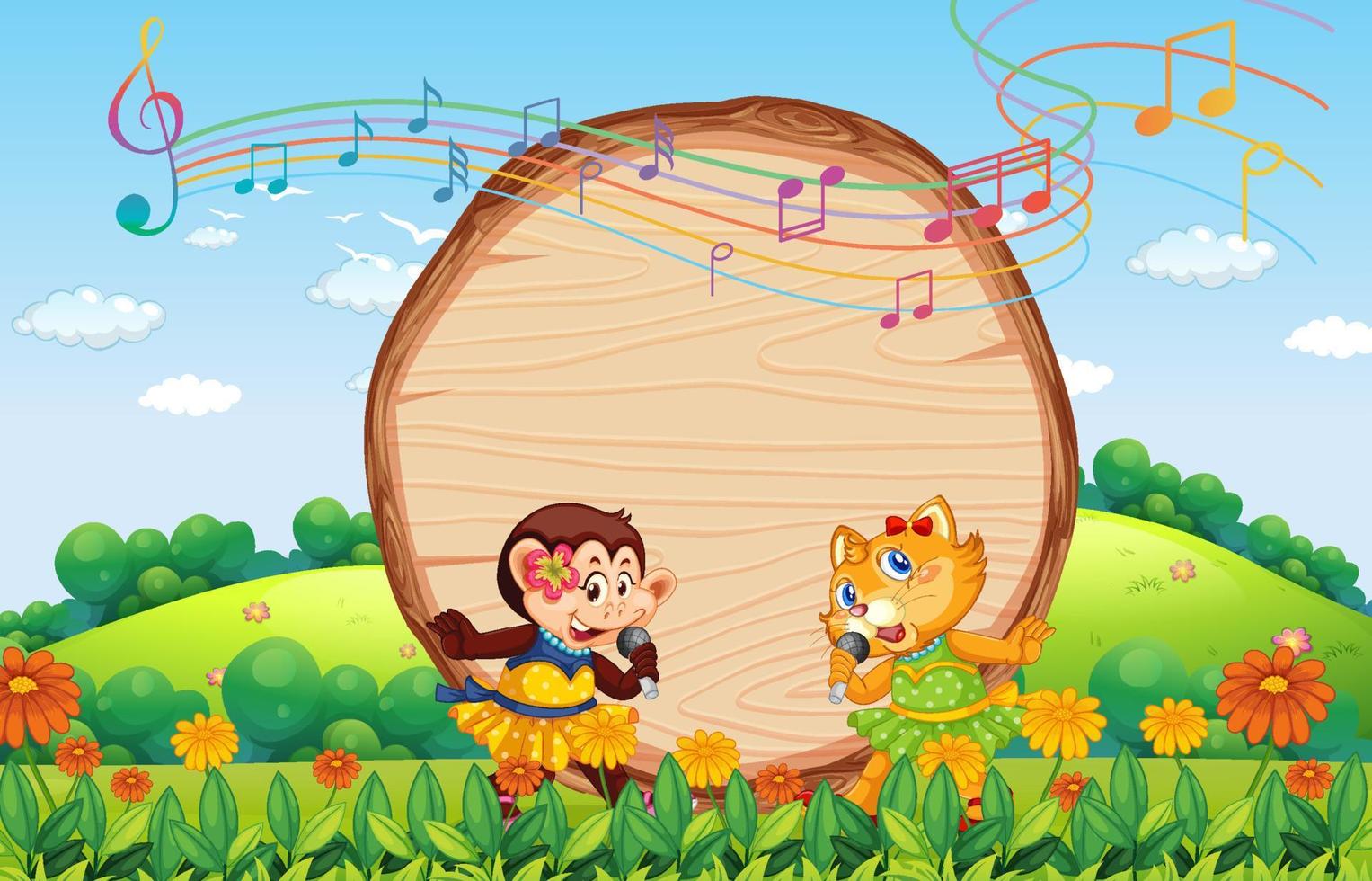 Empty wooden board with cat and monkey at nature park vector