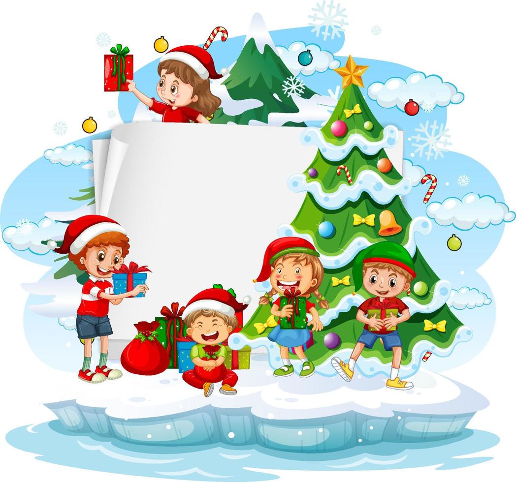 Banner vacío con niños en tema navideño. vector