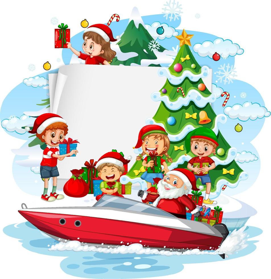 Empty banner with Santa delivering gifts by a boat vector