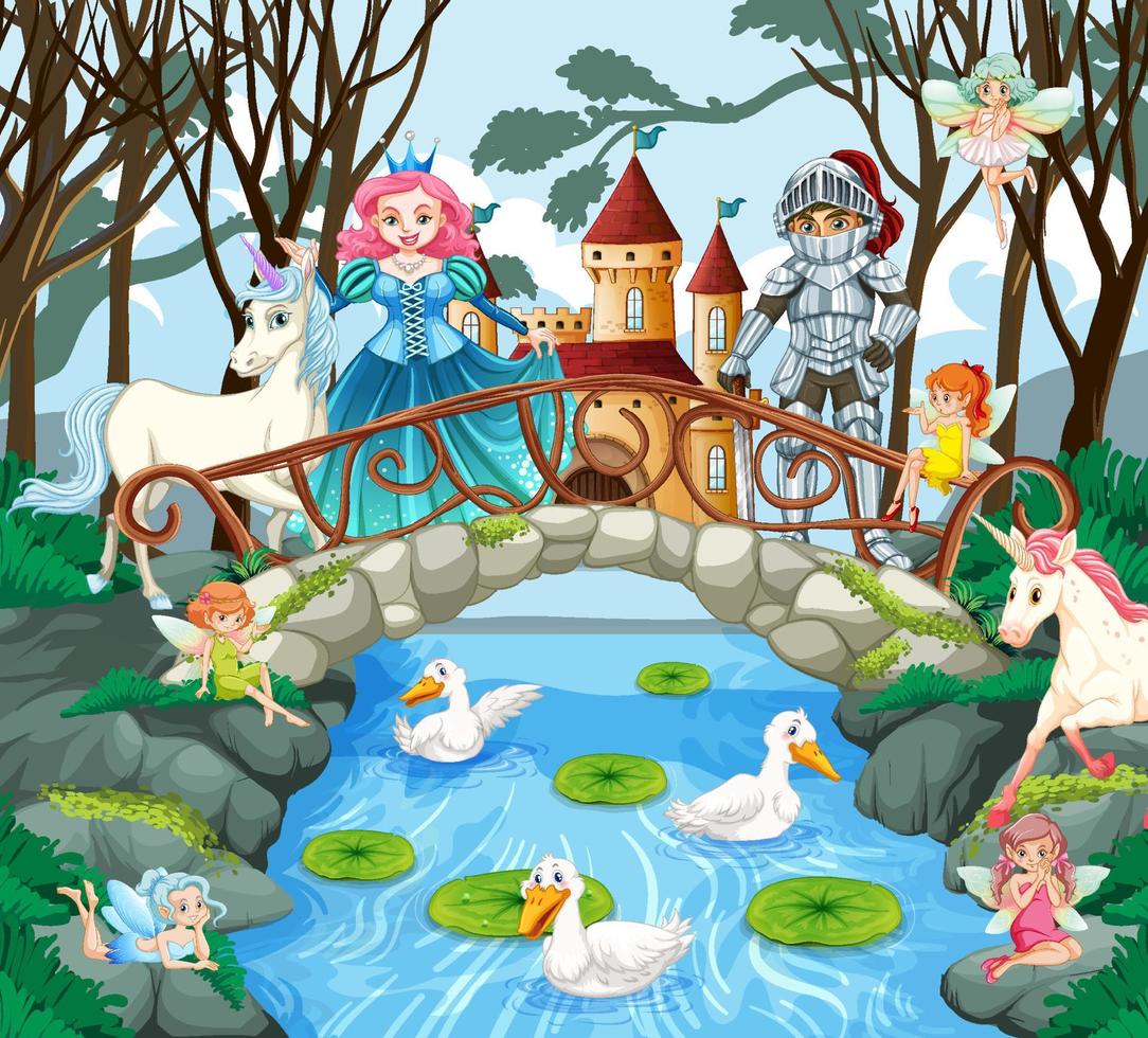 Princess and knight in enchanted garden background vector