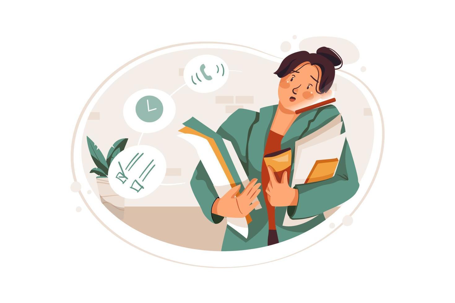 Businesswoman busy with documents Illustration concept. Flat illustration isolated on white background. vector