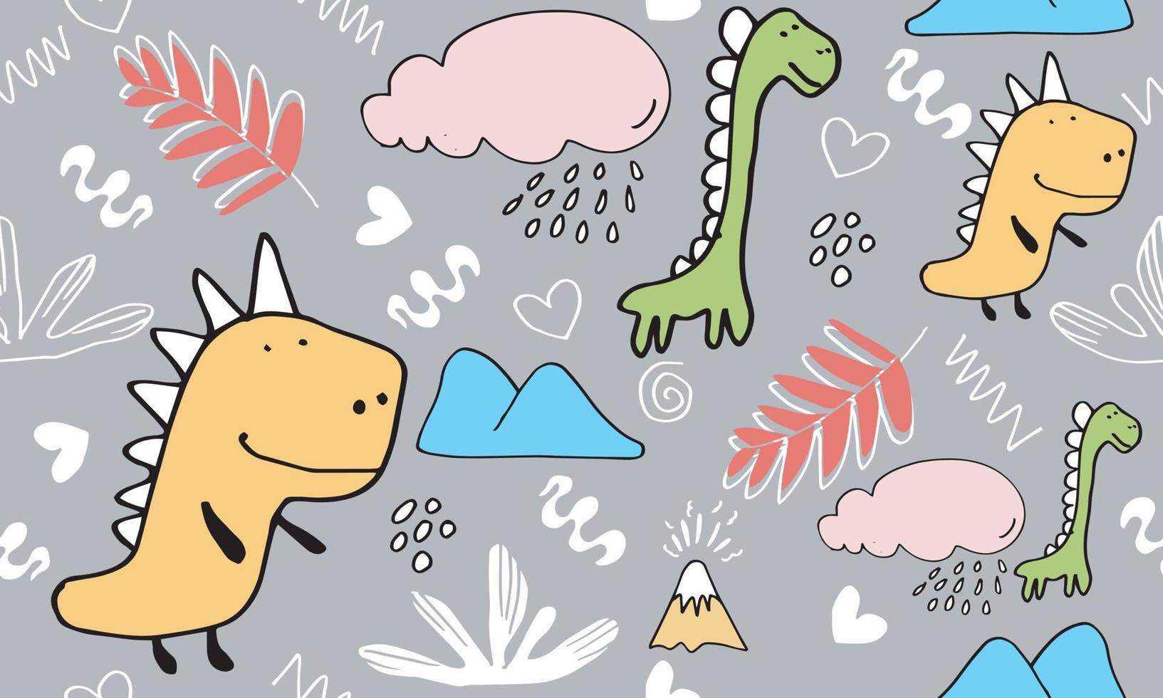 Childish seamless pattern with hand drawn dino, tropical leaves, clouds and shapes hand drawn in Scandinavian style. Creative vector childish background for textile fabric.