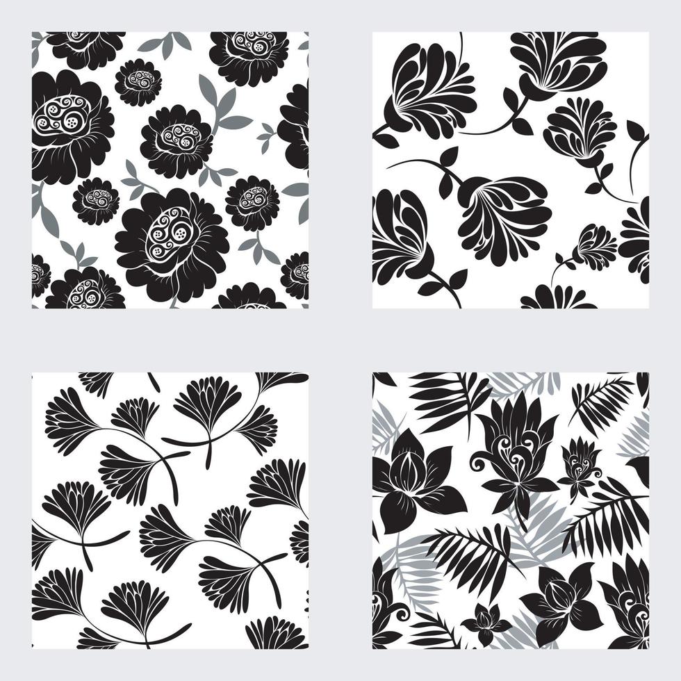 Conjunto de crisantemos negros y flor de campana de patrones sin fisuras para papel tapiz, textil, impresión sobre fondo gris vector