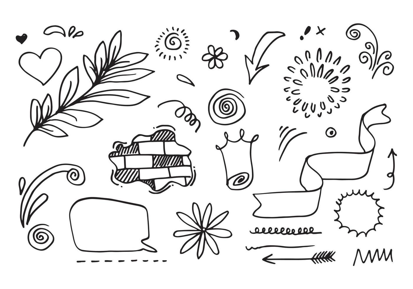 Hand drawn set elements, black on white background. Wall,Arrow, heart, love, star, leaf, circle, light, flower, crown,Swishes, swoops, emphasis ,swirl ,speech bubble for concept design. vector