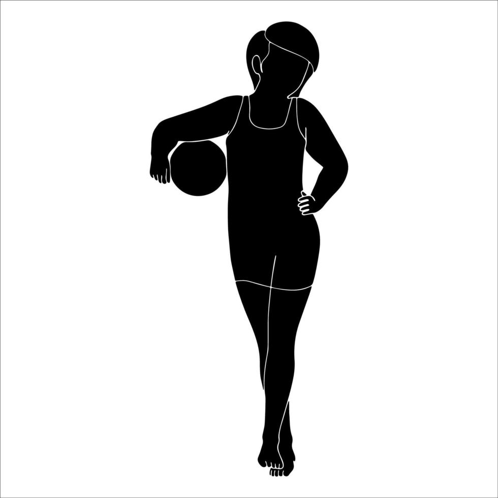 Cute girl with beach ball, Character silhouette on white background. vector