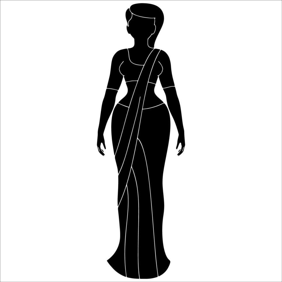 Indian women in standing pose wearing saree character silhouette on white background. vector