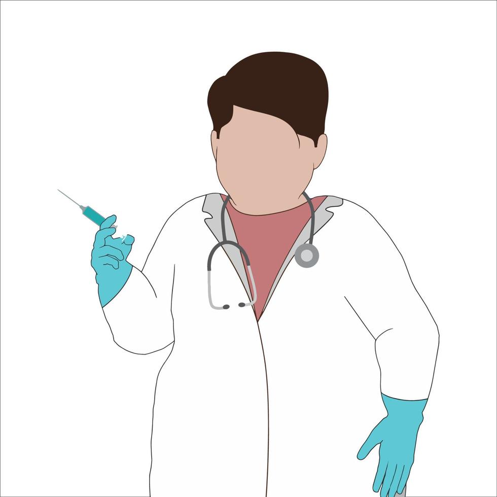 doctor with stethoscope and injection hand drawn vector illustration.