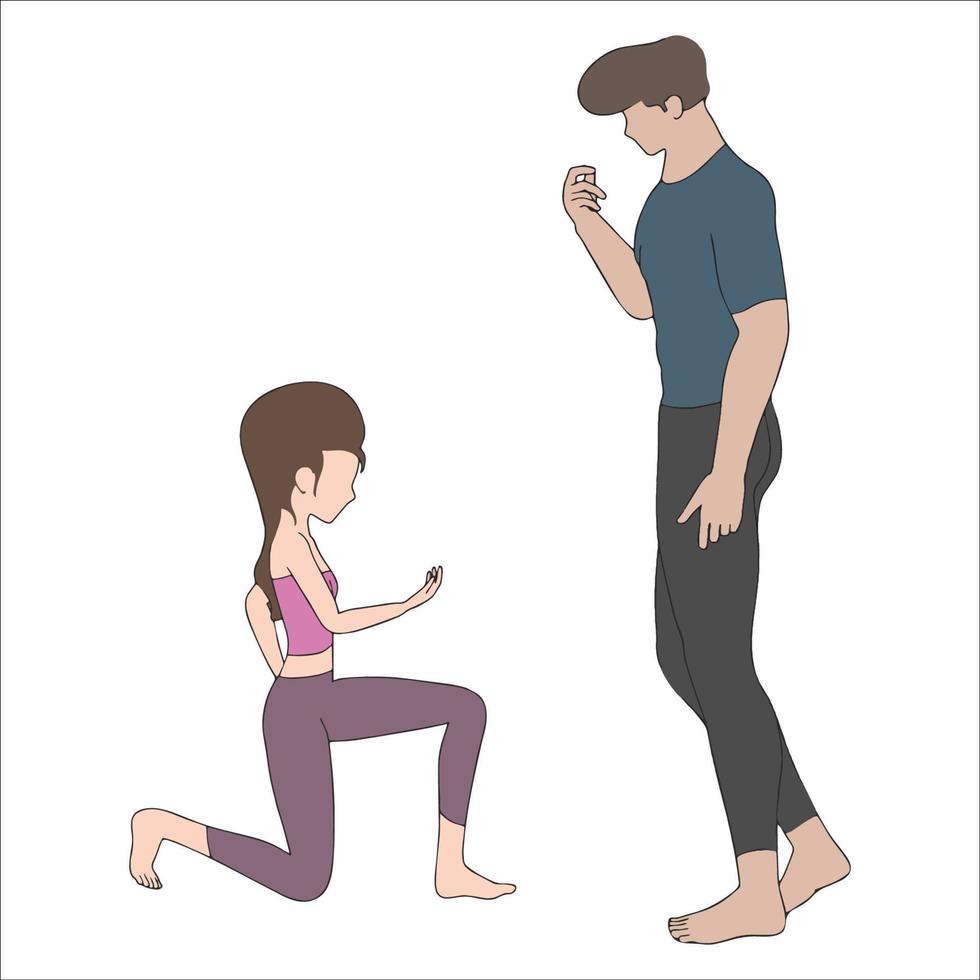 muchacha adolescente que propone la ilustración del carácter de los hombres musculosos en el fondo blanco. vector