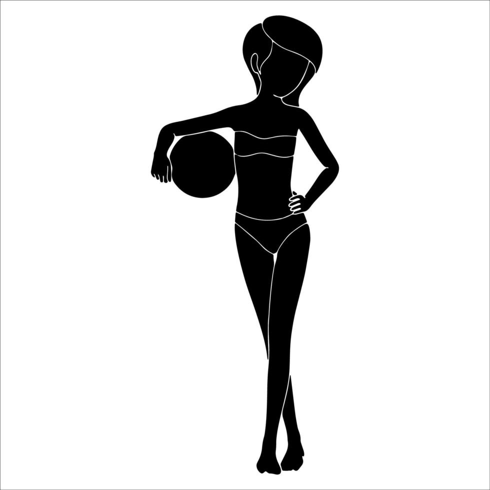Cute girl with beach ball, Character silhouette on white background. vector
