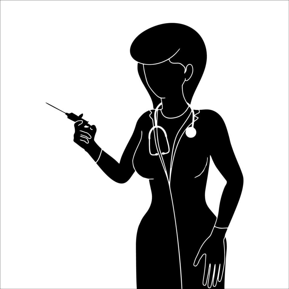 doctor with with vaccine injection character silhouette illustration on white background. vector