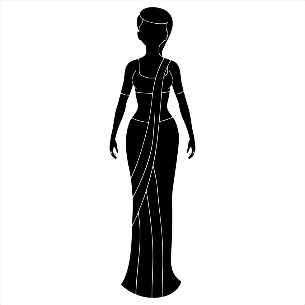 Indian women in standing pose wearing saree character silhouette on white background. vector