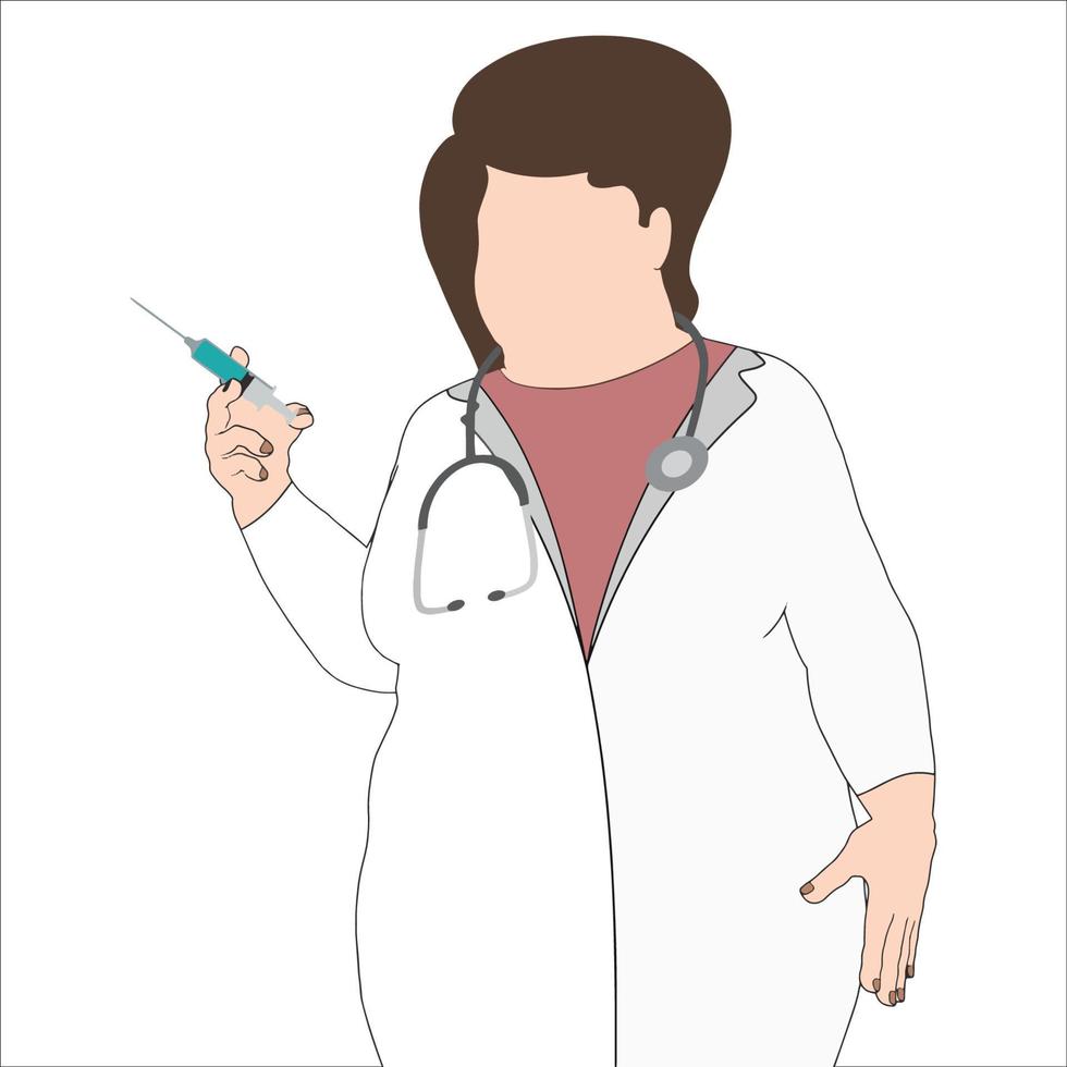 médico con estetoscopio e inyección ilustración vectorial dibujada a mano. vector