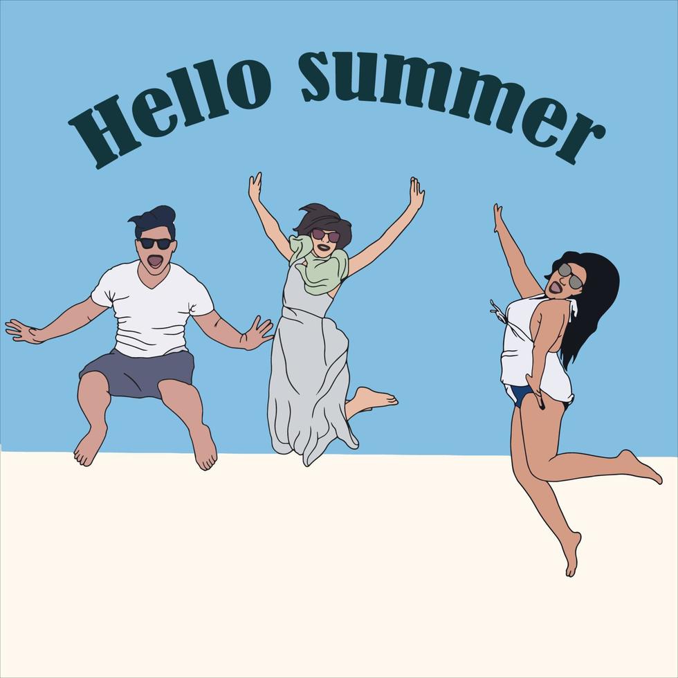 hola verano: gente saltando y disfrutando del tiempo con amigos. lo mejor para su próximo proyecto de viaje. vector