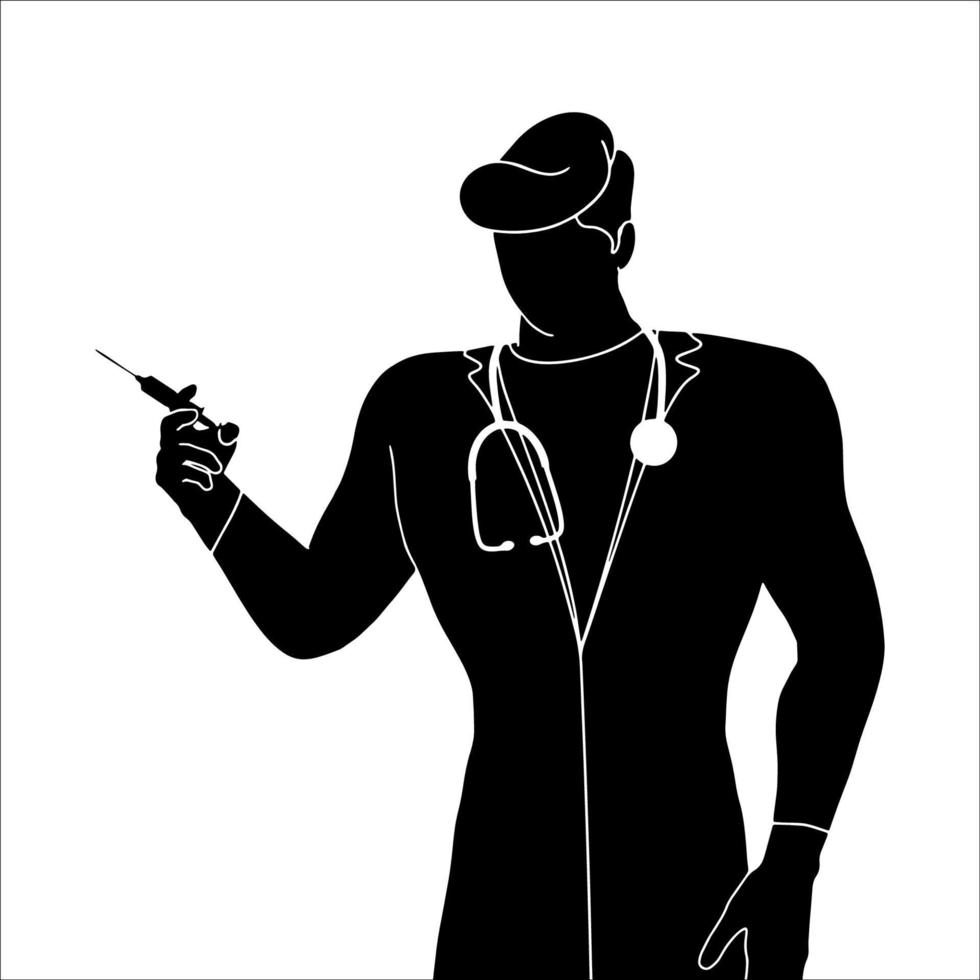 médico con ilustración de silueta de personaje de inyección de vacuna sobre fondo blanco. vector