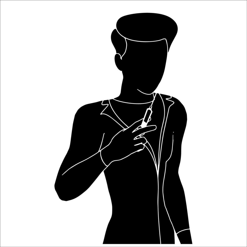 médico con ilustración de silueta de personaje de inyección de vacuna sobre fondo blanco. vector