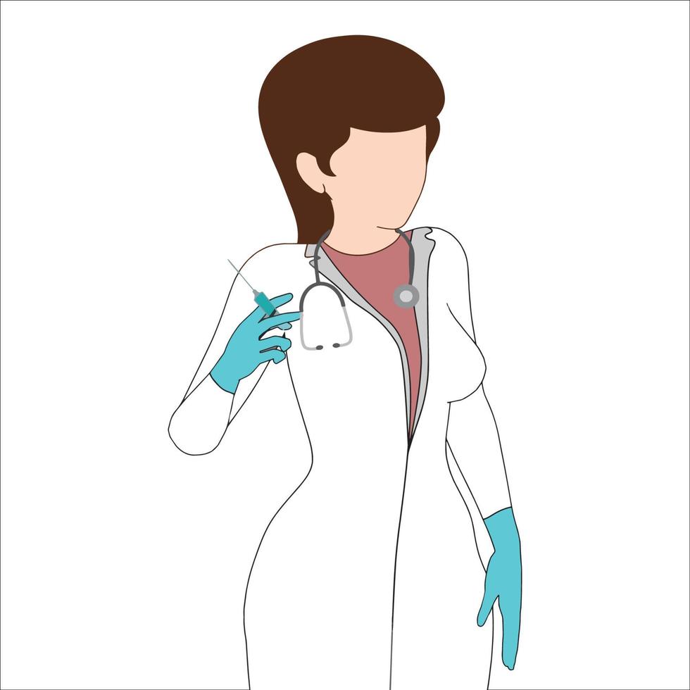 doctor with stethoscope and injection hand drawn vector illustration.