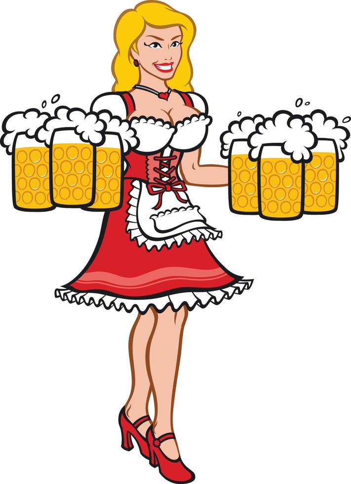 Lovely girl with beer. Flat illustration. The character is isolated on a white background. Illustration of a little girl with beer for advertising, website and print. Mascot company. vector