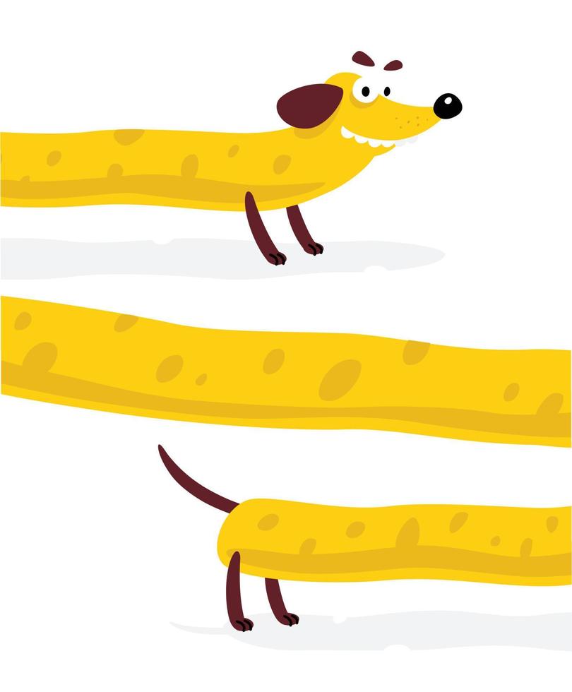 Nice yellow dog, dachshund. Vector illustration of a dog in a flat style. Yellow dog is like cheese. Image is isolated on white background. Hot Dog. Symbol of the company's brand. Mascot. Emblem.