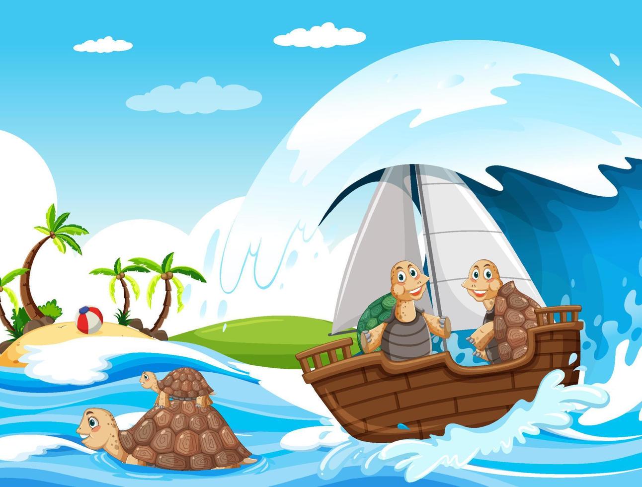 Ocean scene with turtles on a sailboat vector