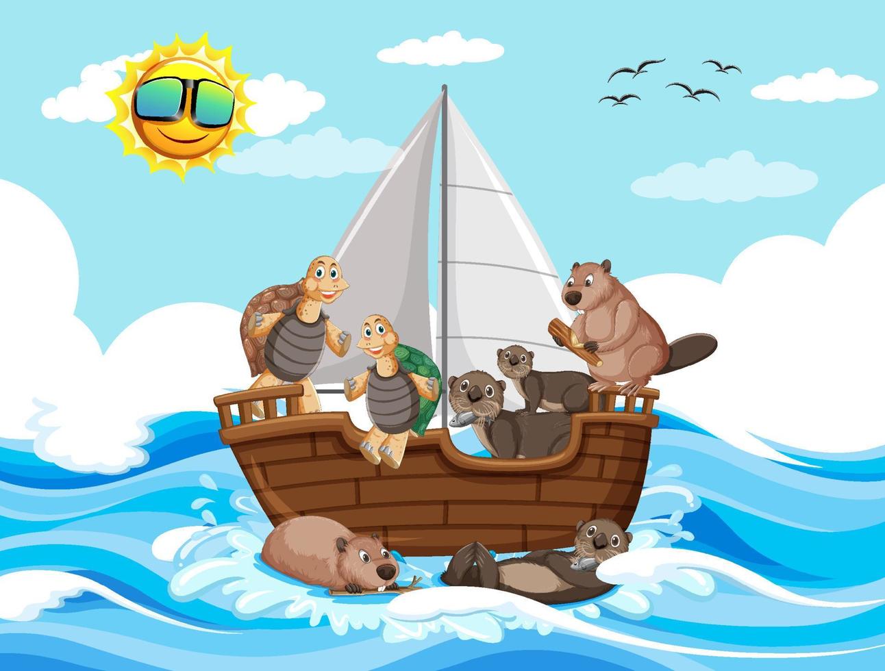Ocean scene with wild animals on a sailboat vector