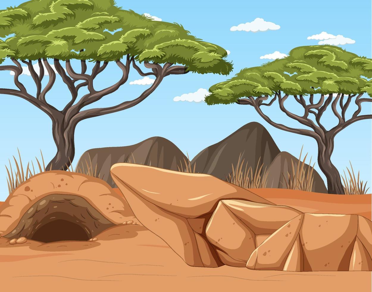 paisaje desértico con árboles y madrigueras de animales vector