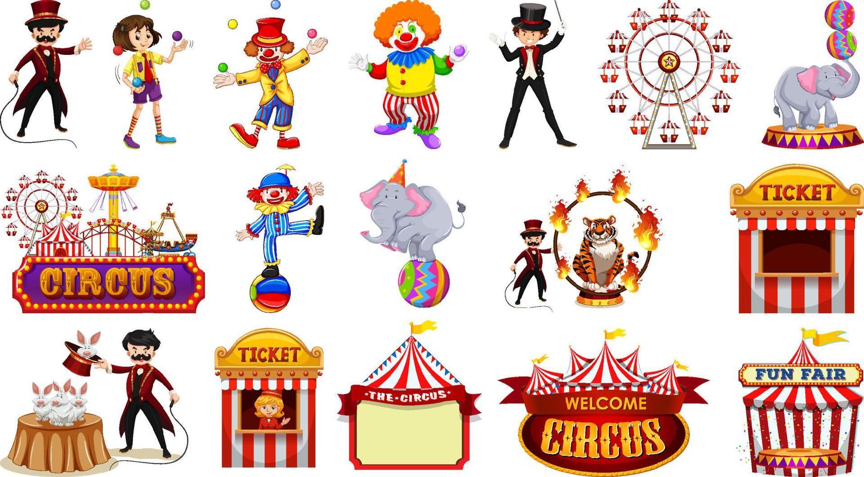 conjunto de personajes de circo y elementos del parque de atracciones. vector