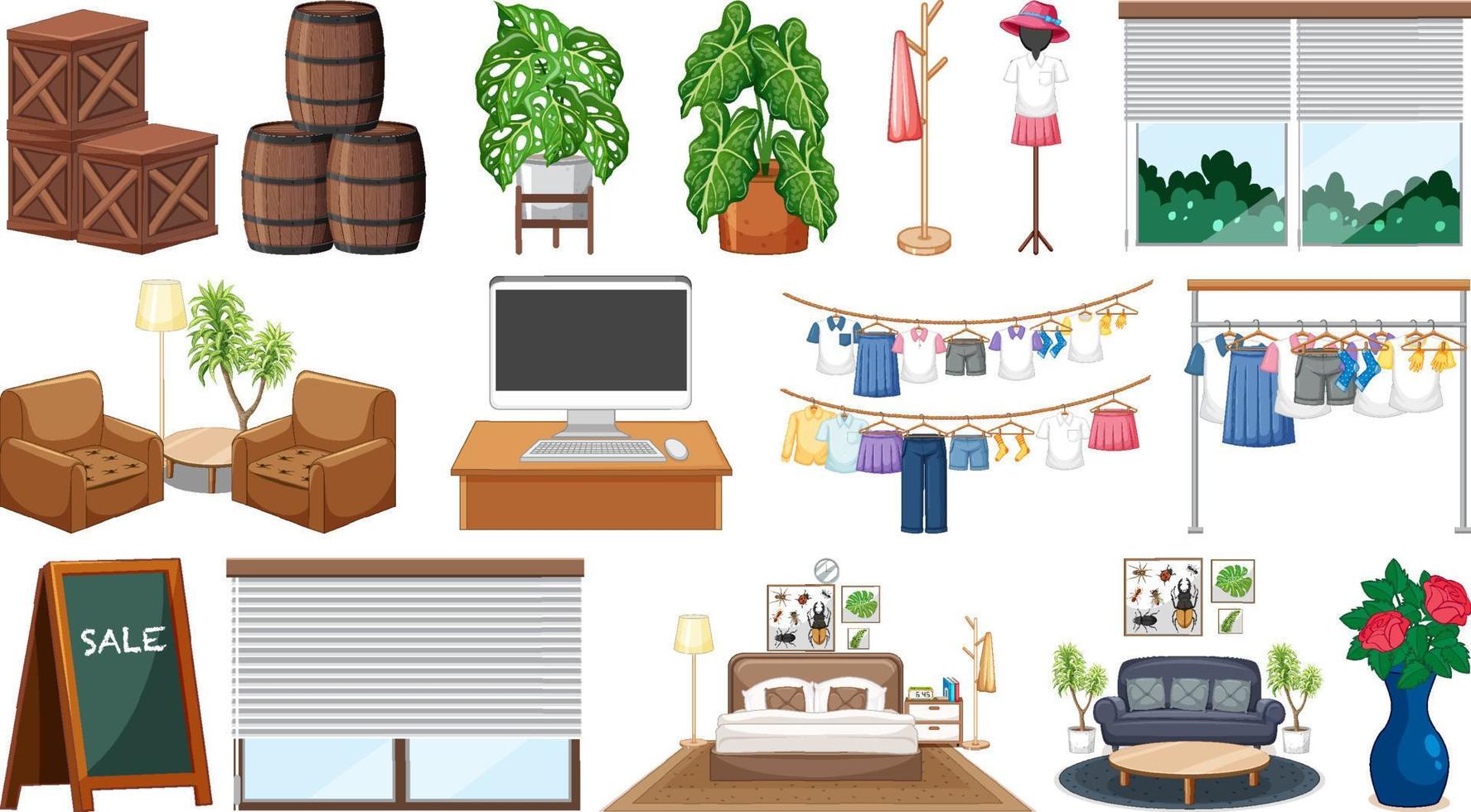 Set of interior furniture and decorations vector