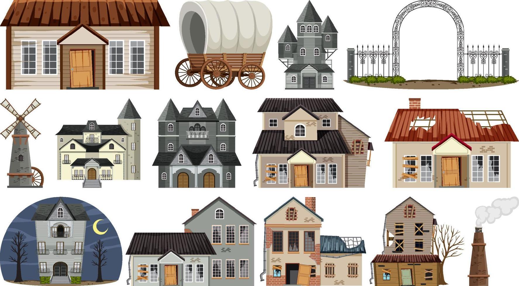 conjunto de casas y edificios abandonados. vector