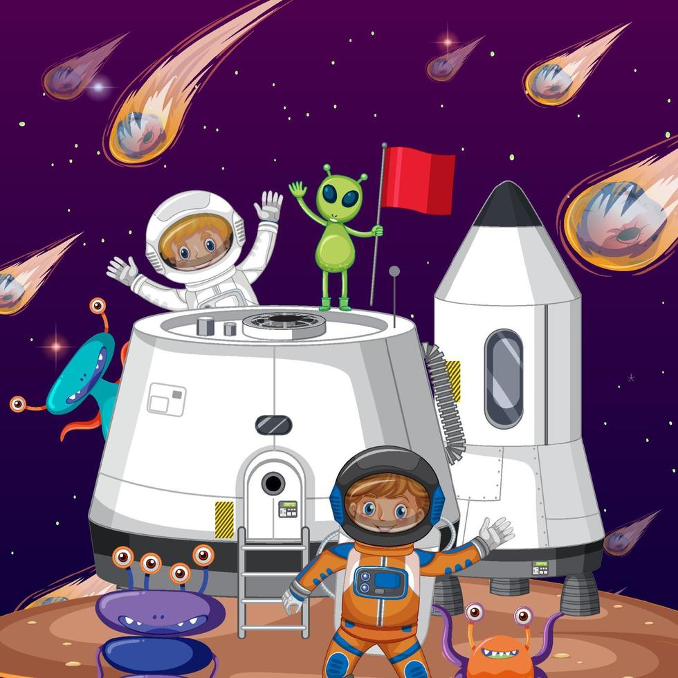 Outer space planet with astronauts and comets vector