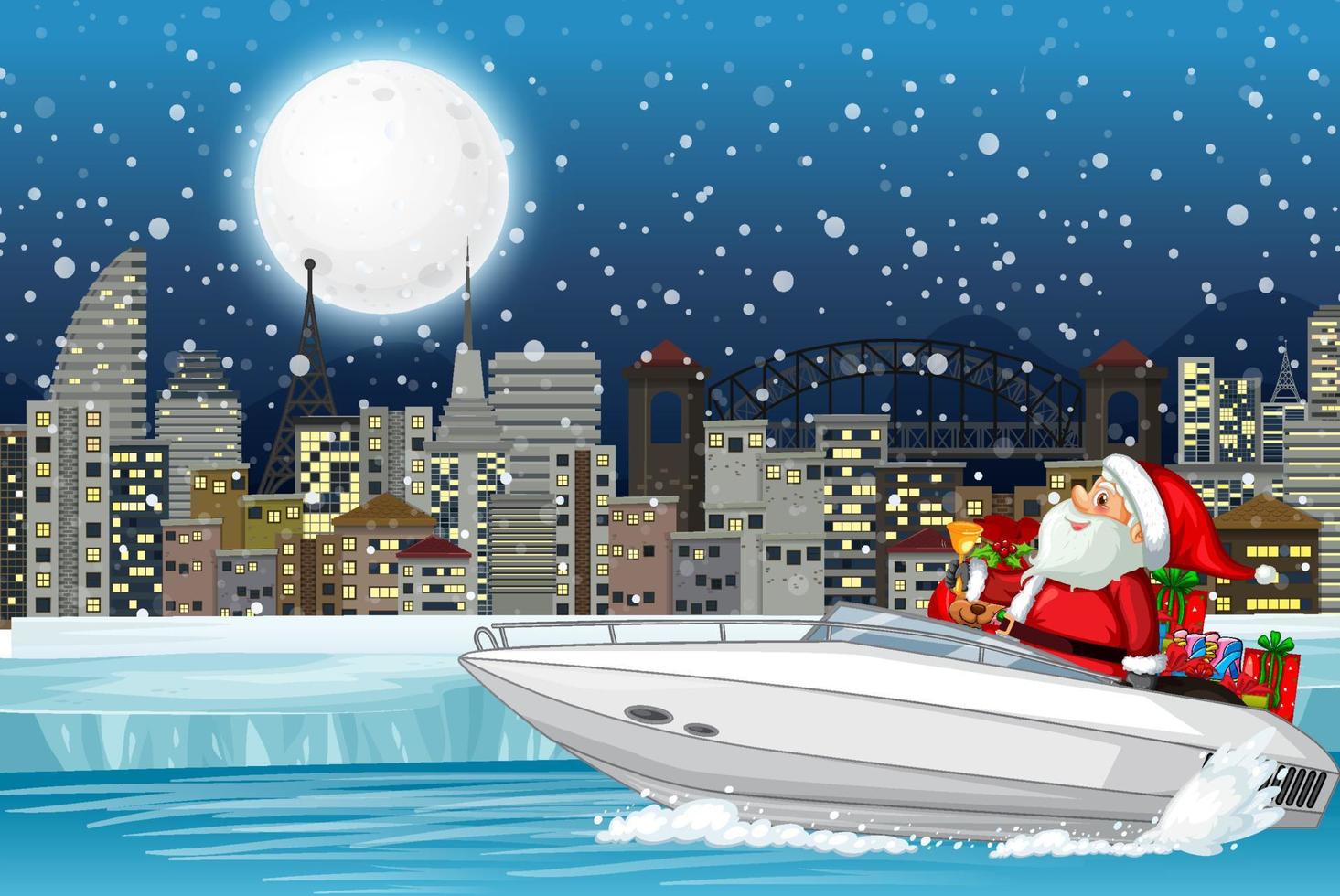 Snowy night with cute elf delivering gifts by speedboat vector
