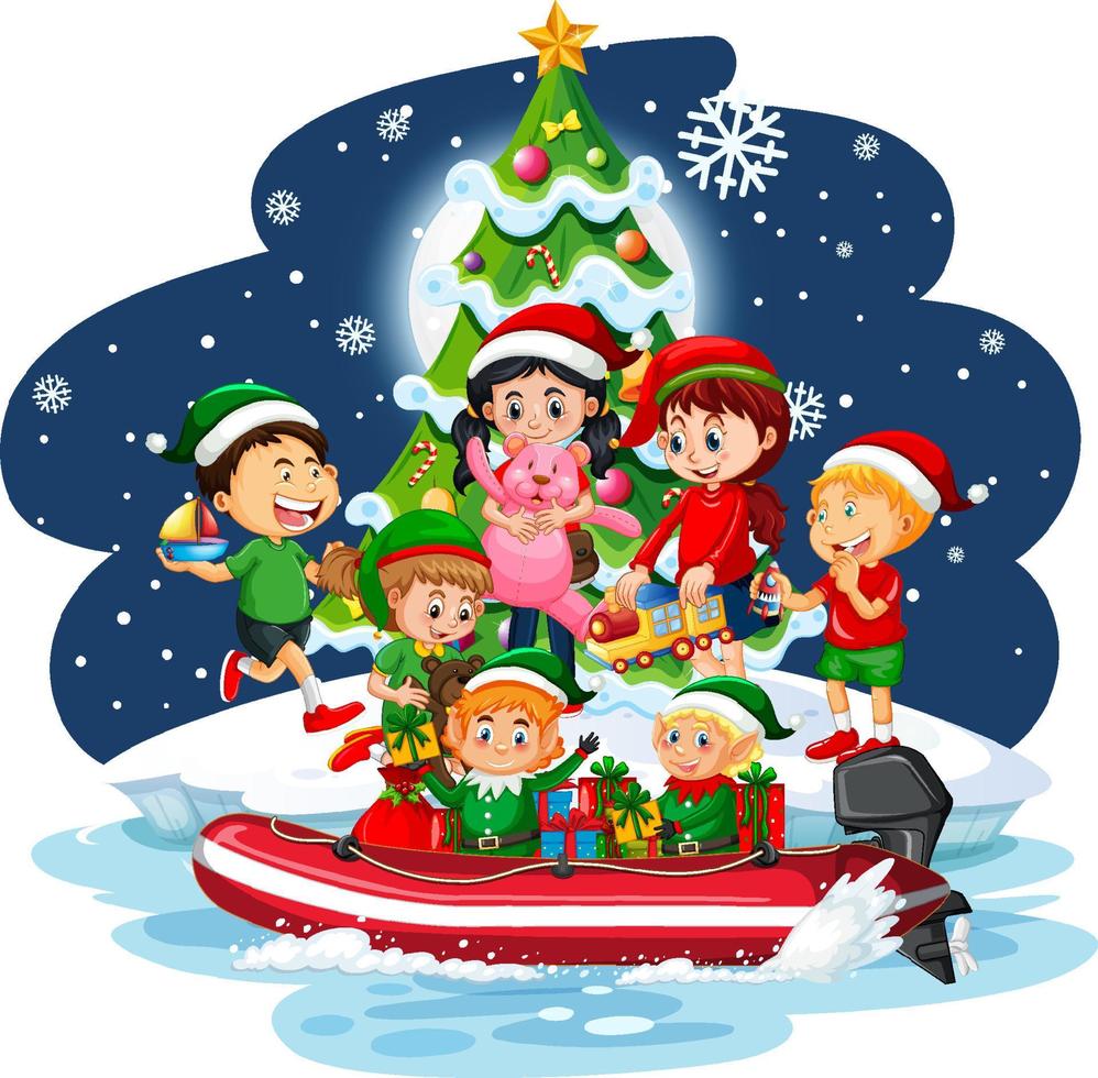 niños en tema navideño en la noche nevada vector