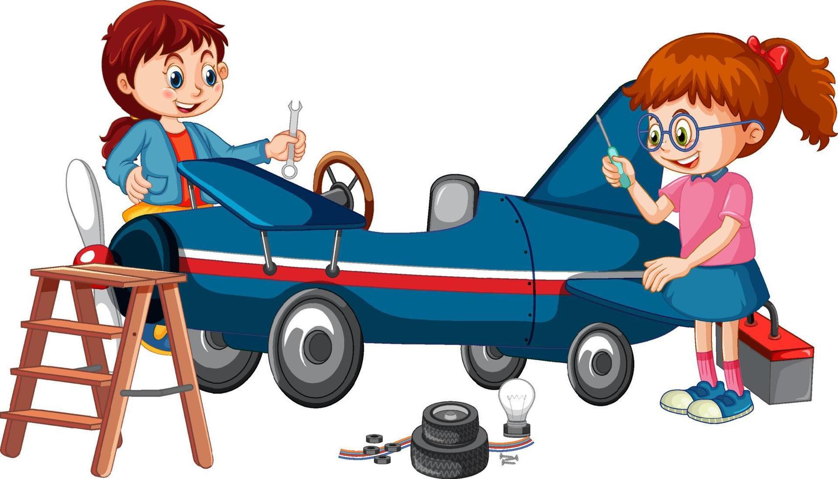 Children repairing a plane together vector