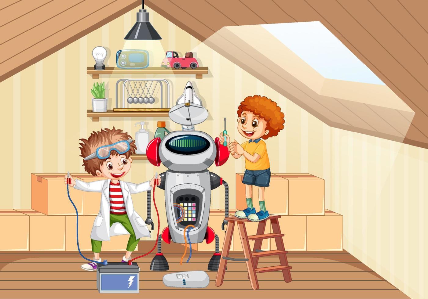 Children fixing a robot together in the room scene vector