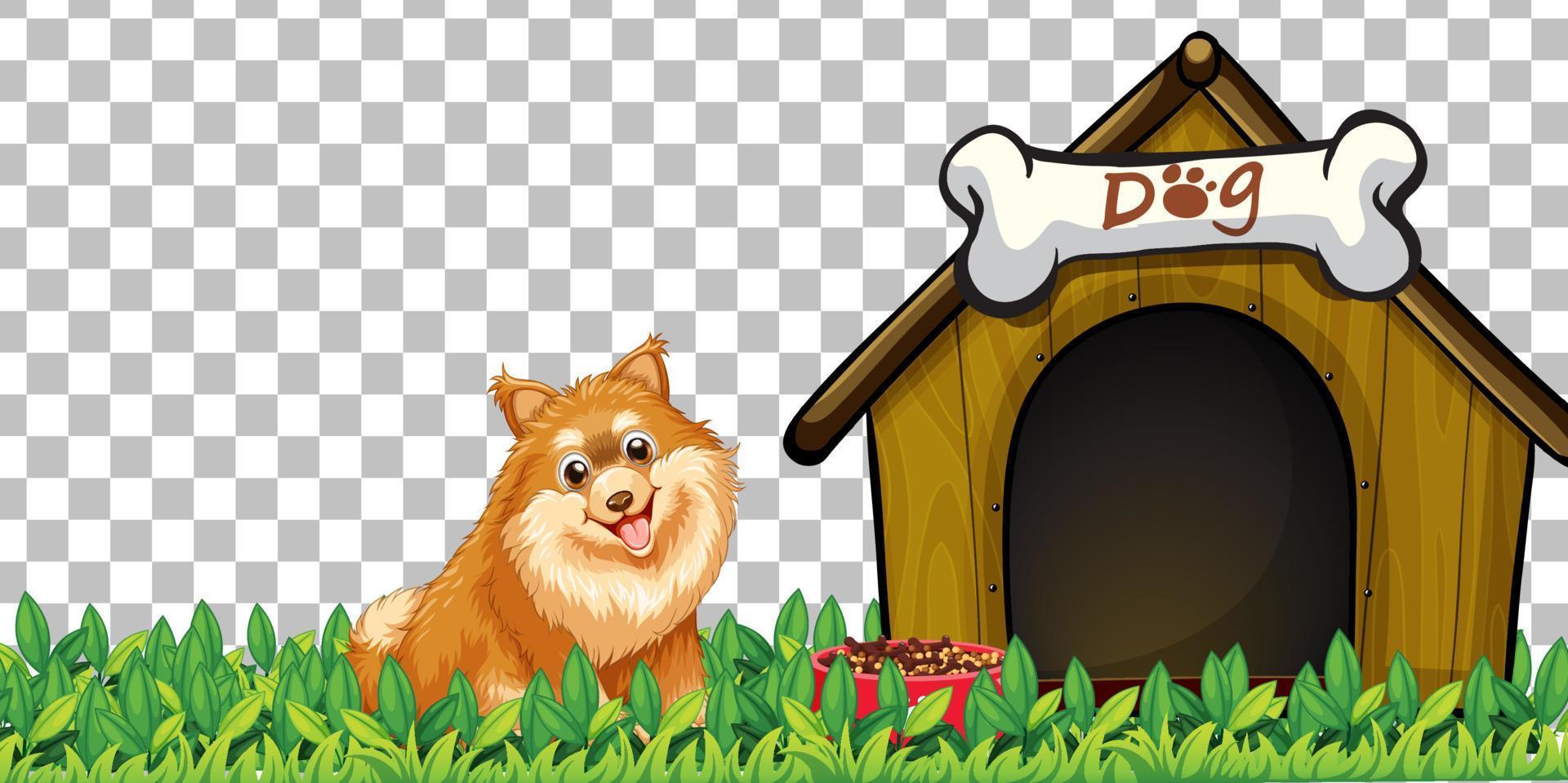 Perro Pomerania con casa de perro sobre fondo de cuadrícula vector