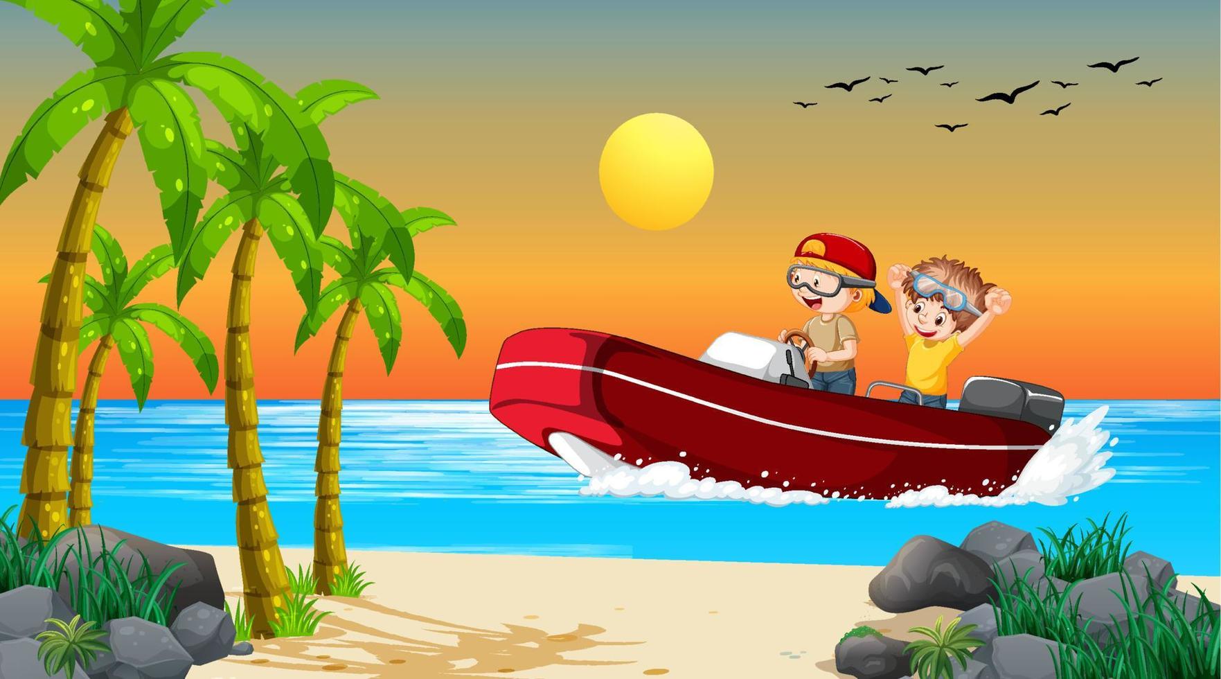 paisaje de olas del océano con un niño conduciendo un bote con sus amigos vector