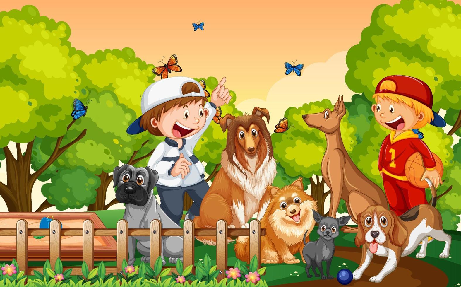 Children playing with their animals at the park vector